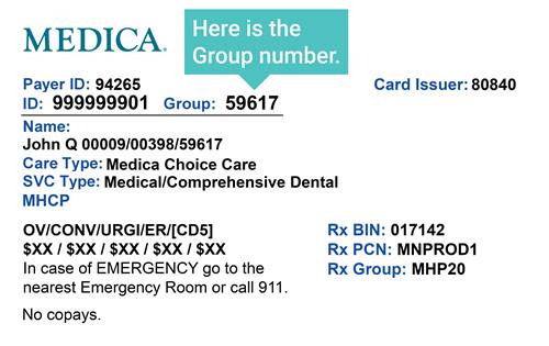 Image of a Medicaid Medica ID card with the group number highlighted