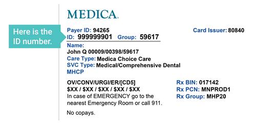 Image of a Medicaid Medica ID card with the group number highlighted