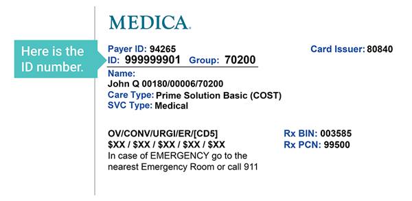 Medica Medicare ID card with member ID number indicated